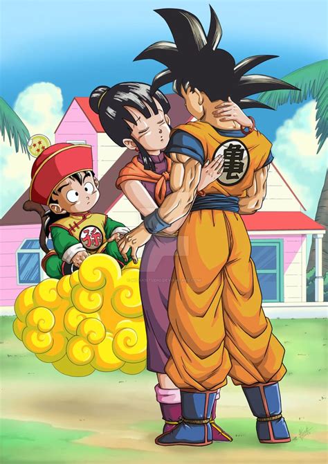 goku and chichi|goku and chi kissing.